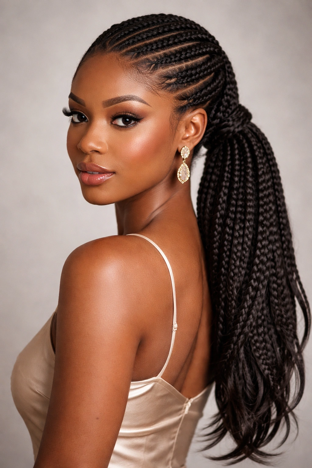 Side view of Side-Swept Braided Ponytail with diagonal braids flowing to a ponytail over the shoulder