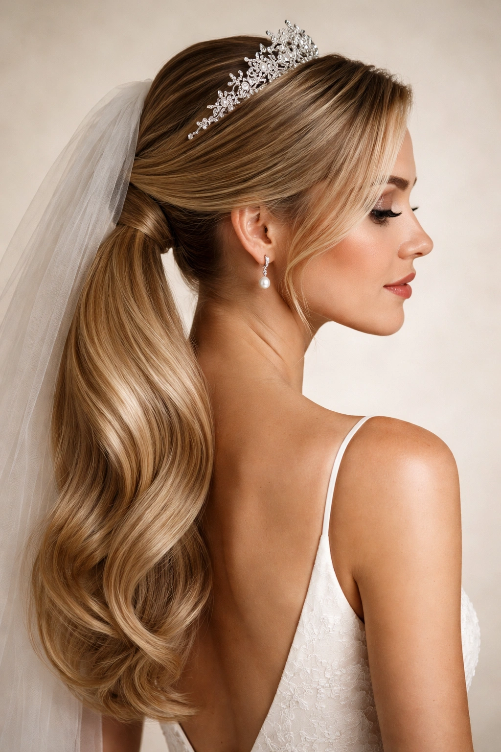 Profile of a bride's sleek side-swept ponytail highlighting the off-center line