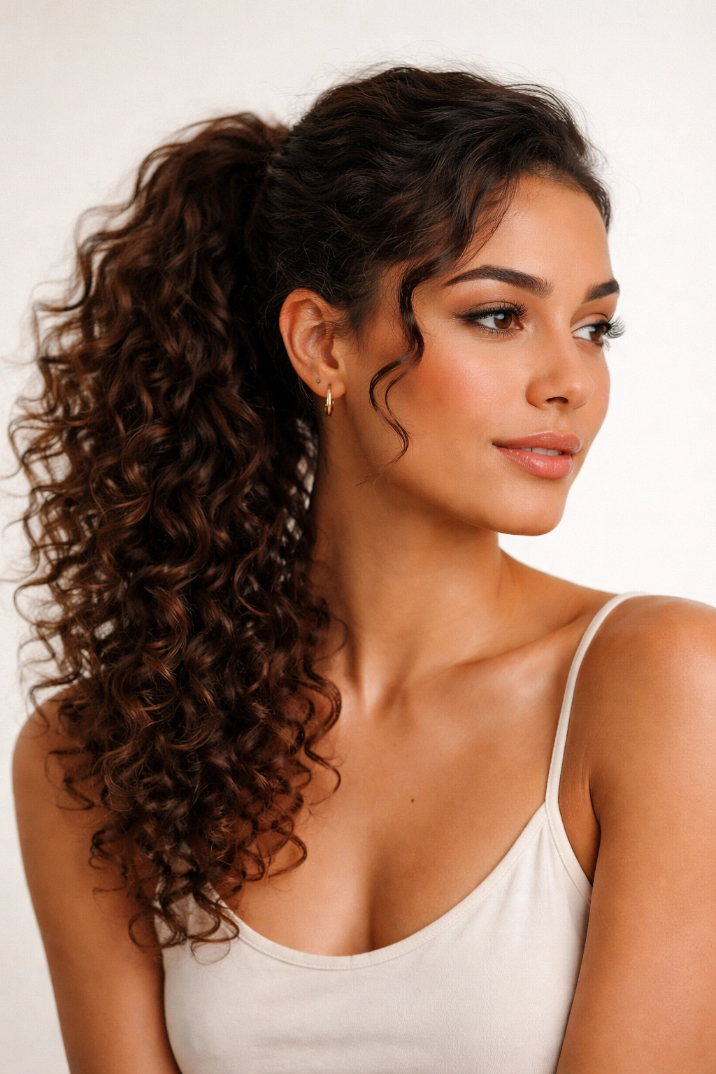 Close-up of a side-swept curly mid-ponytail with curls cascading over the shoulder