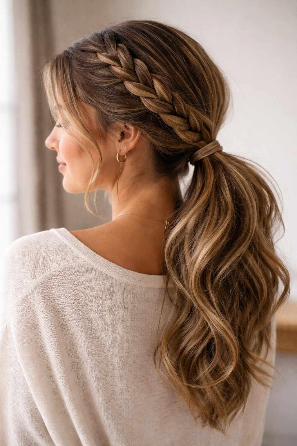 Side-swept double braid ponytail with off-center placement