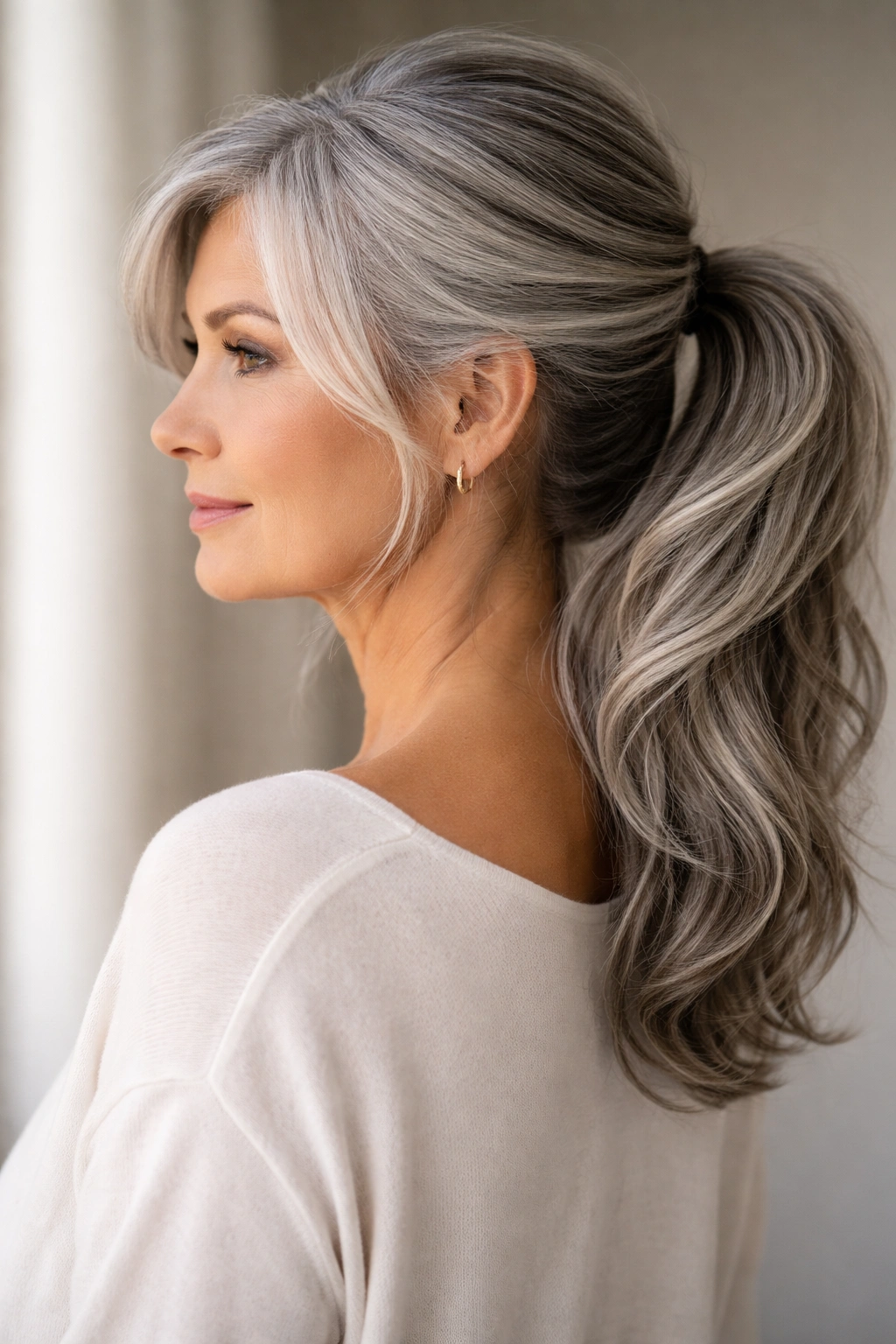 Profile of gray hair with side-swept ponytail and soft layers