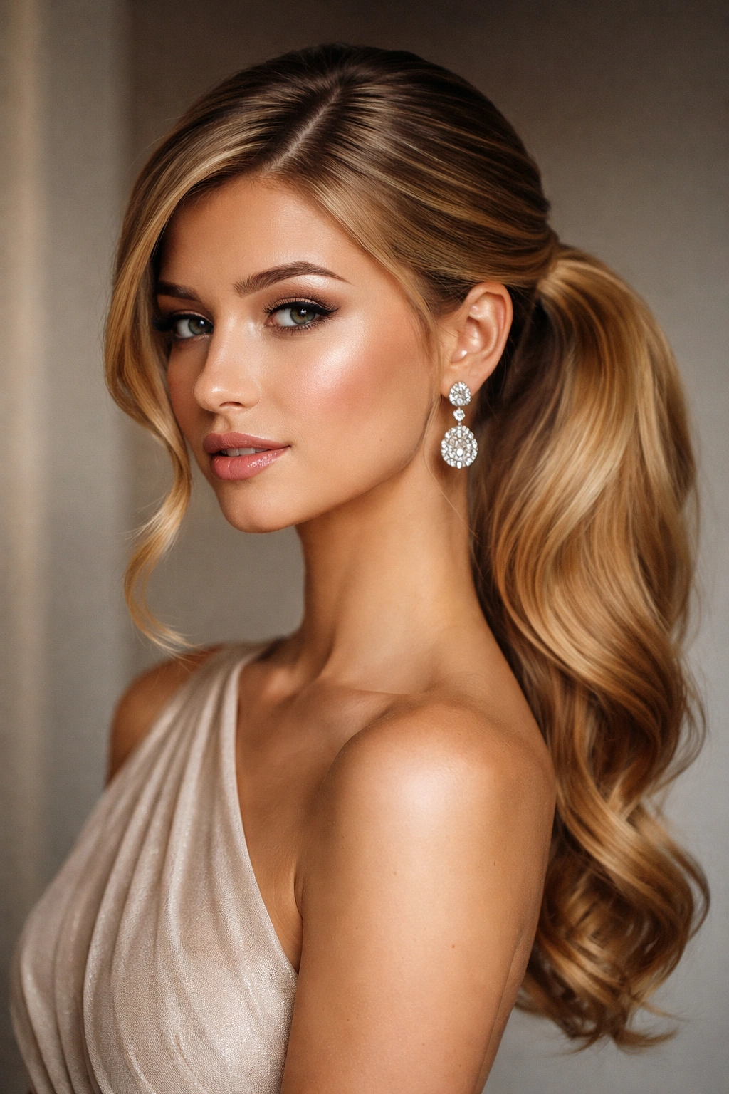 Close-up side view of a polished side-swept ponytail with wrapped base