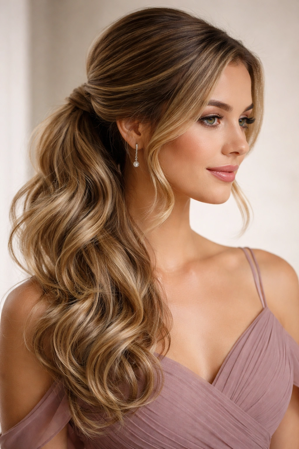 Side-swept half-ponytail hairstyle with asymmetrical volume