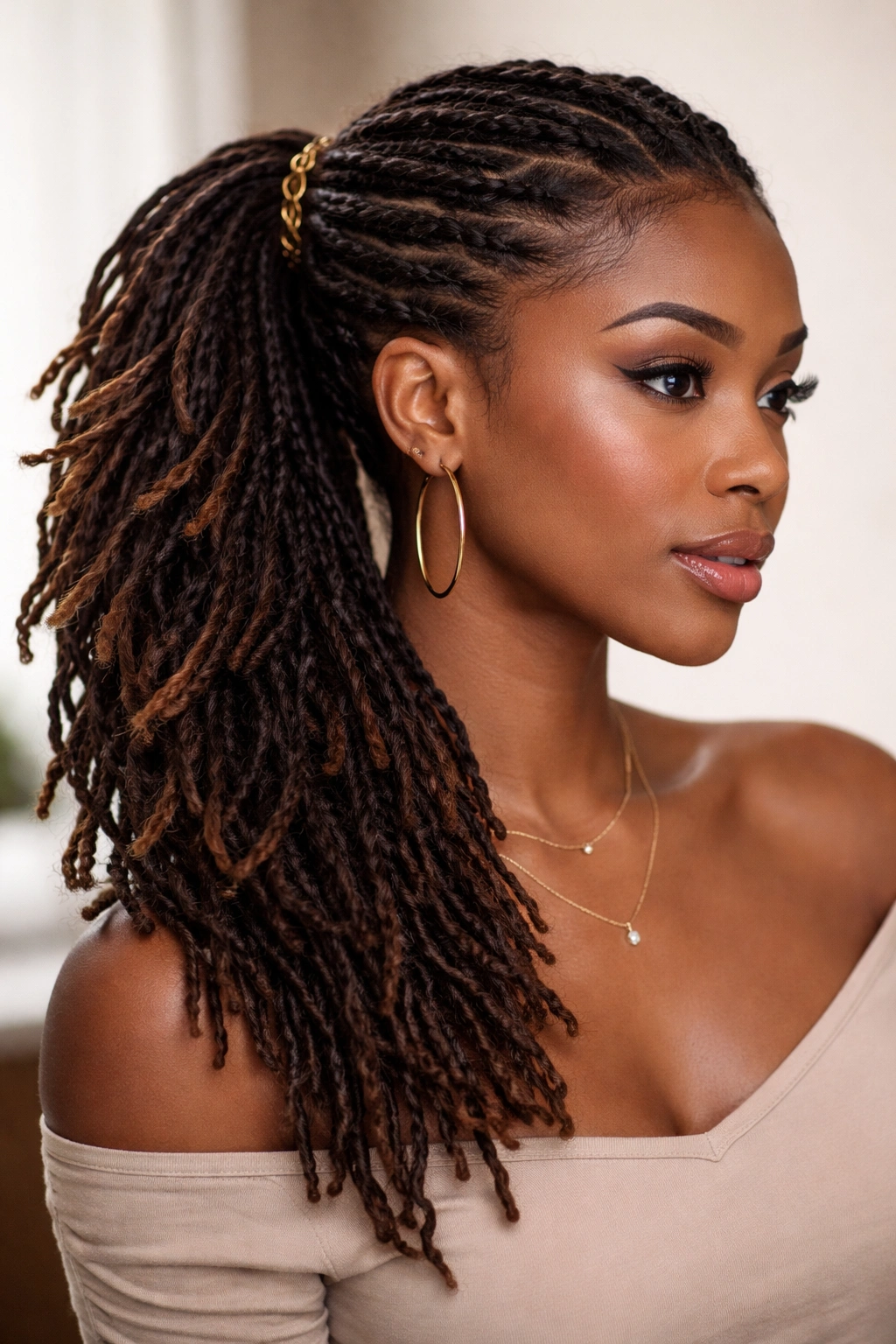 Side-swept ponytail with layered sections creating depth and fullness.