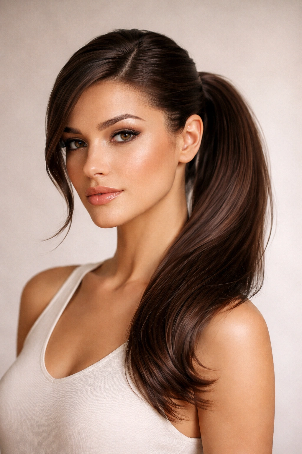 Portrait of a side-swept mid ponytail with off-center placement