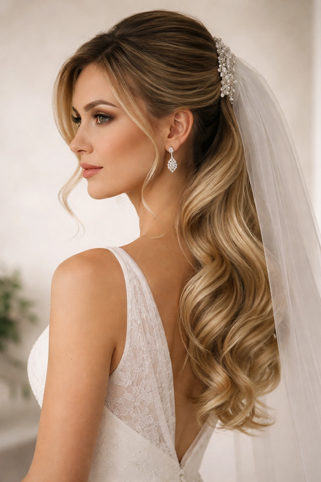 Portrait of a woman with a side-swept ponytail and side-attached veil