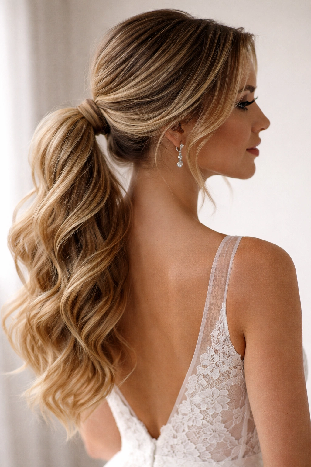 Ponytail swept to the side with flowing textured waves