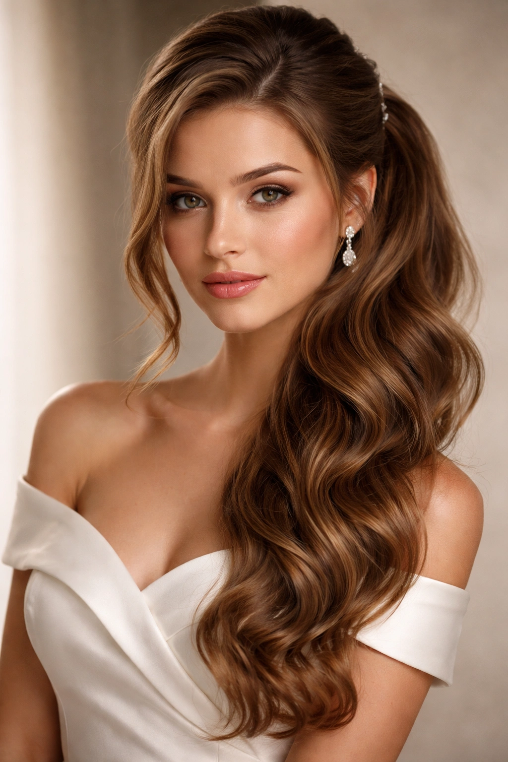 Side-swept half-up hairstyle with ponytail on one side and hair sweeping over shoulder
