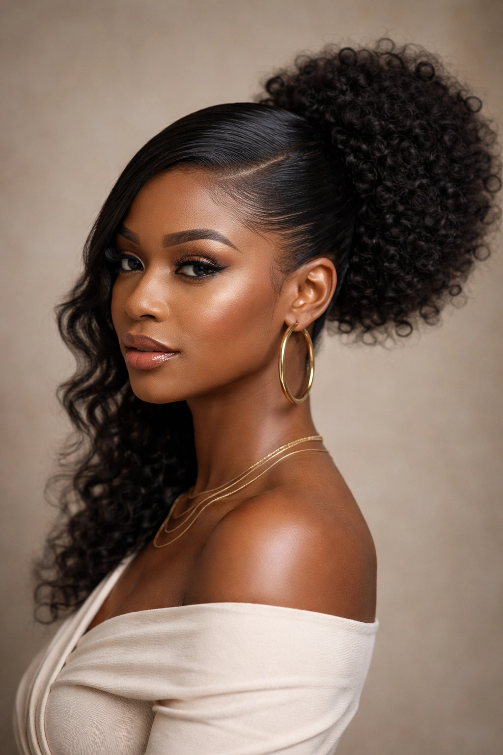 Side-swept slick hairstyle with an off-center asymmetrical puff