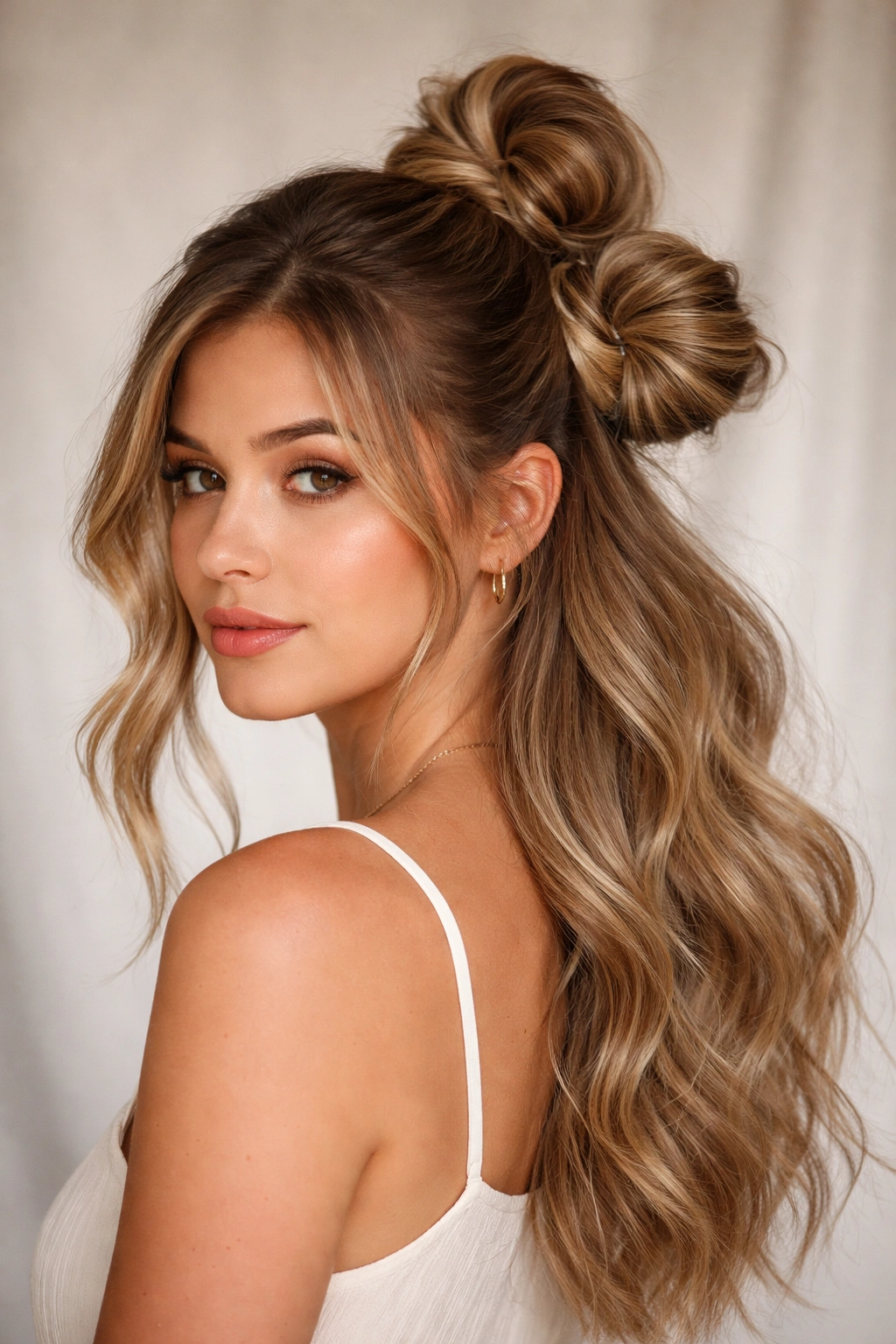 Side-Swept Space Buns with vertical stack on one side