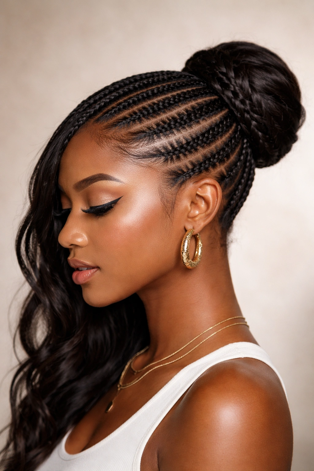 Stitch cornrows swept to the side into a side bun