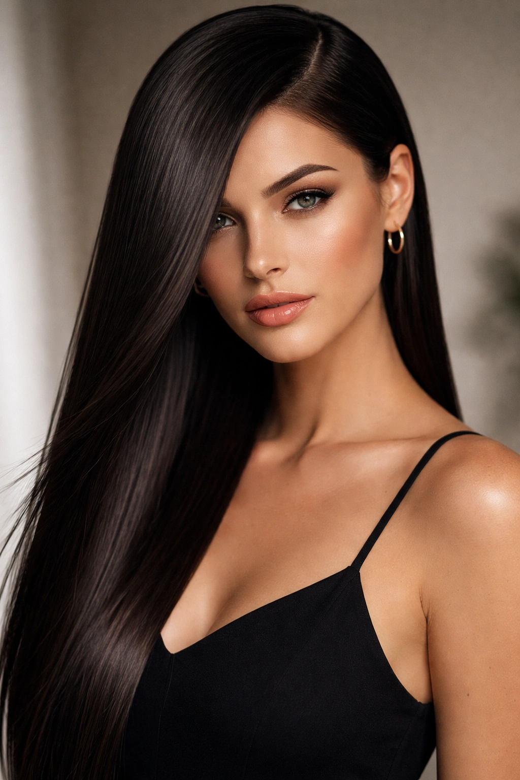 Deep-side-part straight hair swept to one side with glossy finish.