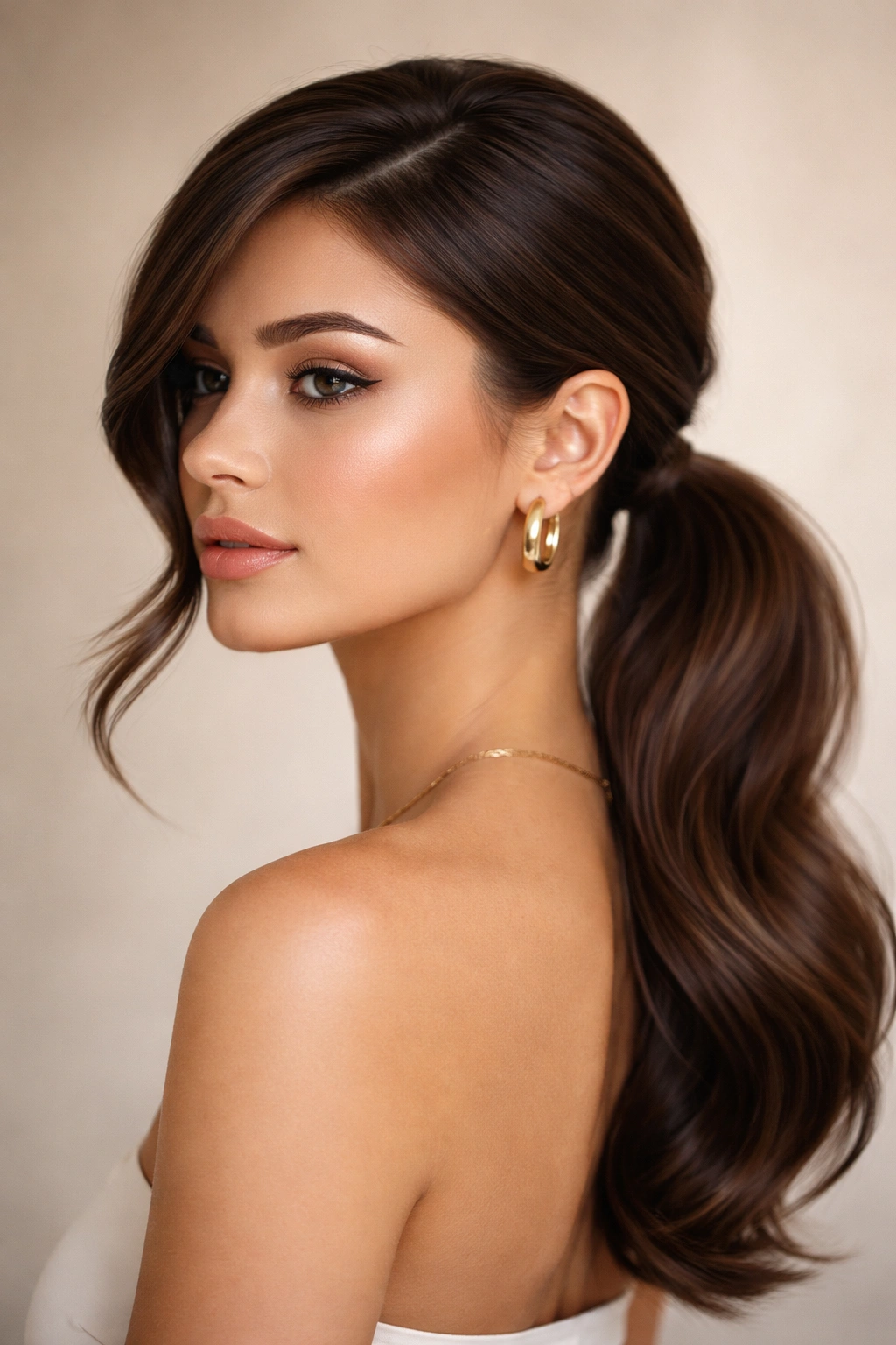 Side-swept low ponytail with dramatic side part framing the face