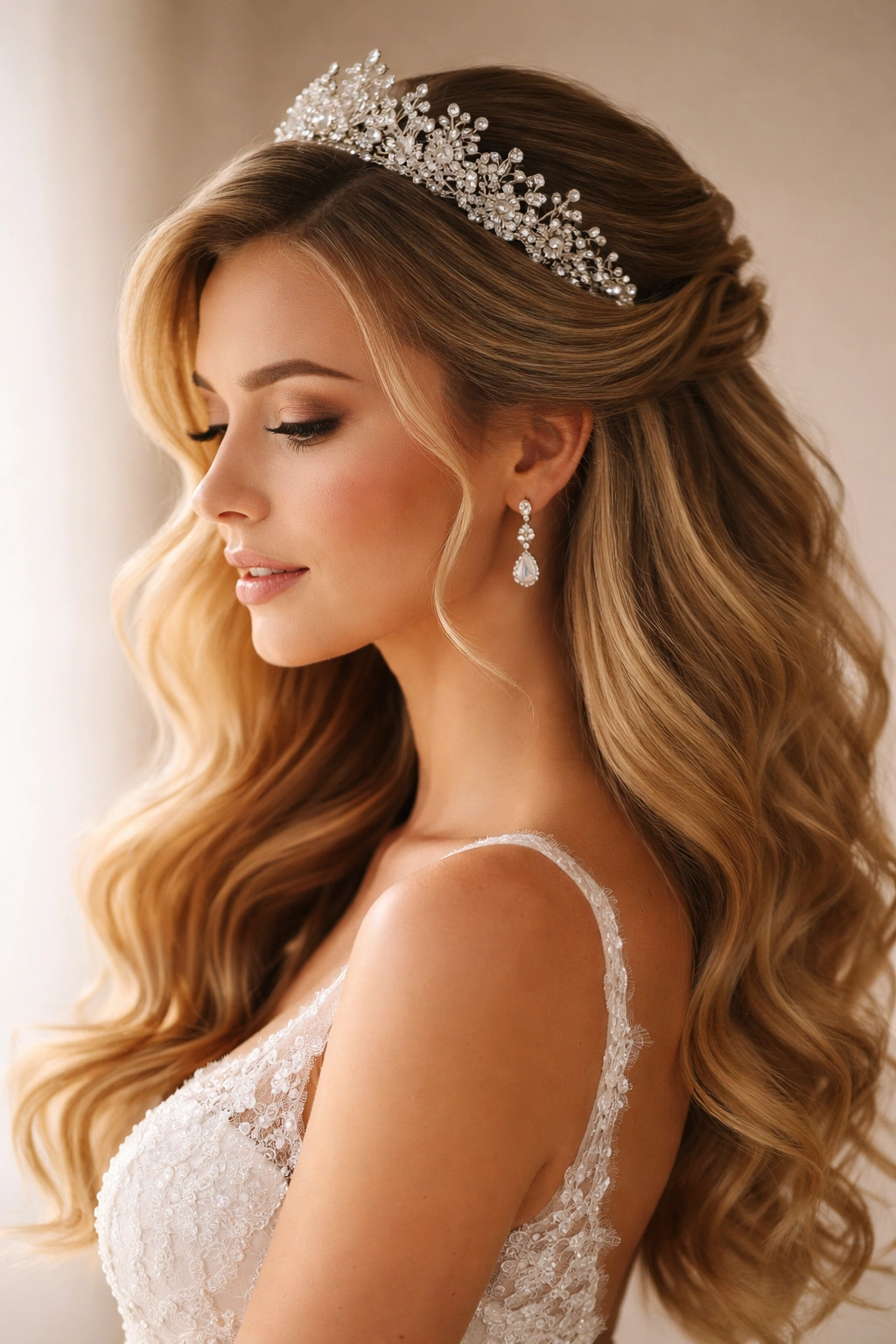 Close-up profile of a bridal hairstyle with a diagonal side-swept half-up and tiara.