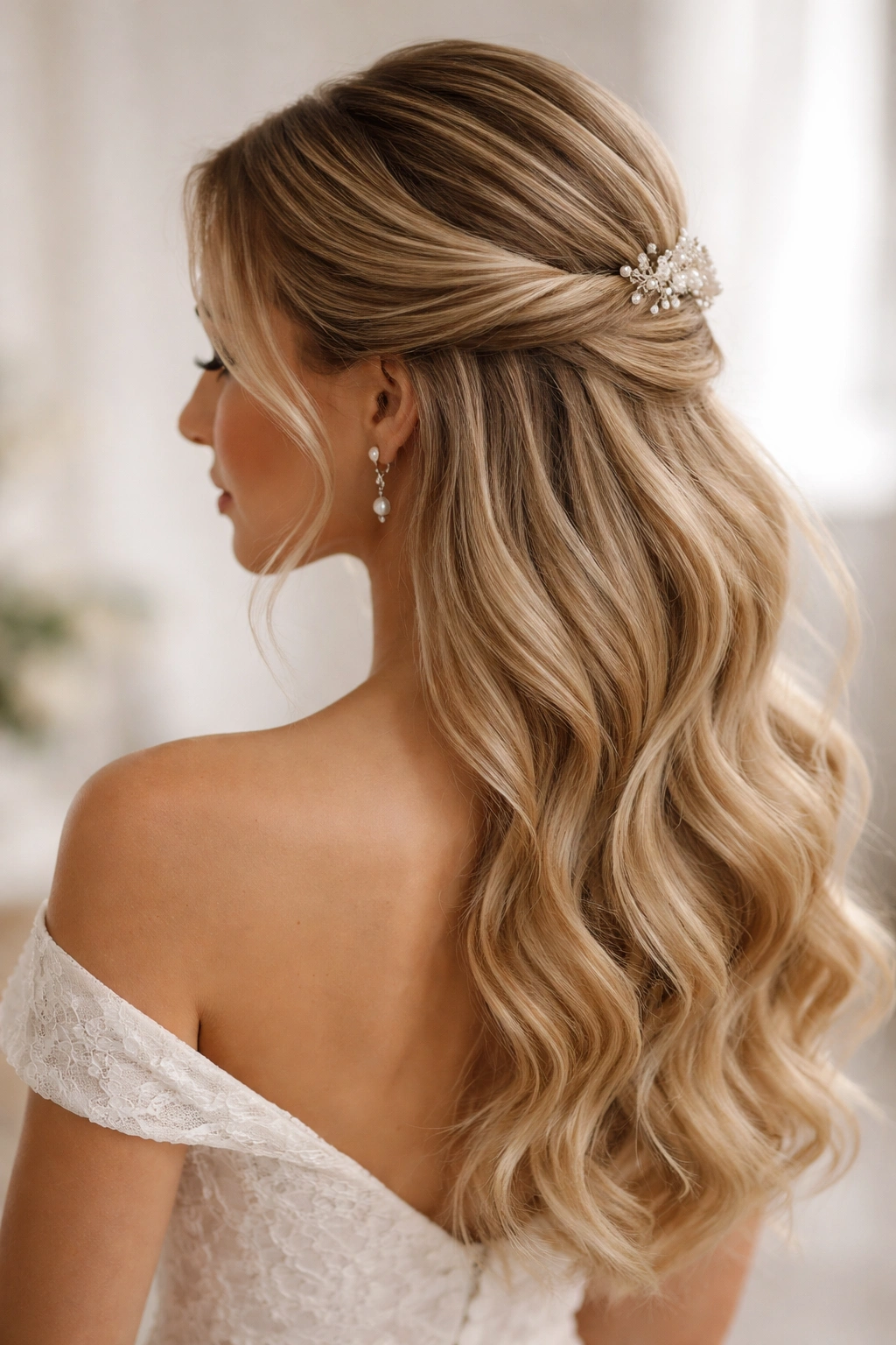 Close-up of a side-swept twisted half-up bridal hairstyle with an off-center twist