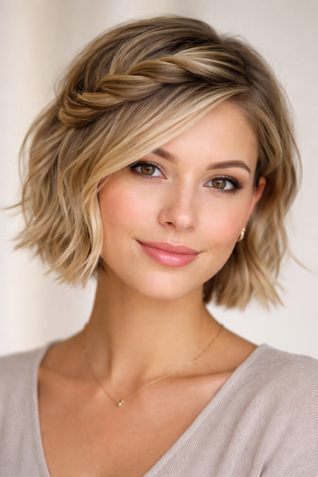 Close-up of short hair with a larger side-swept twist pinned behind the ear