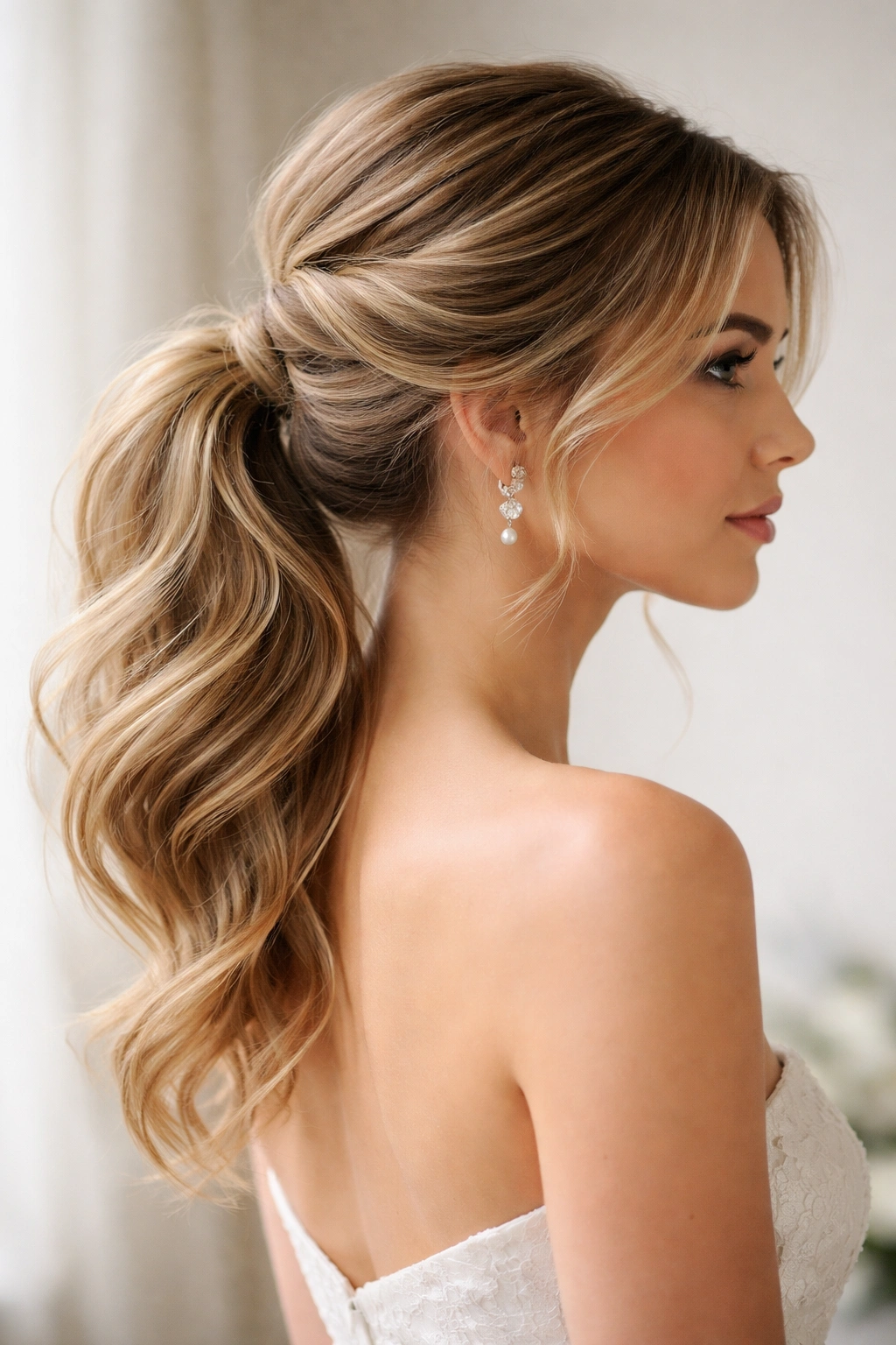 Profile view of a side-swept ponytail updo with off-center silhouette