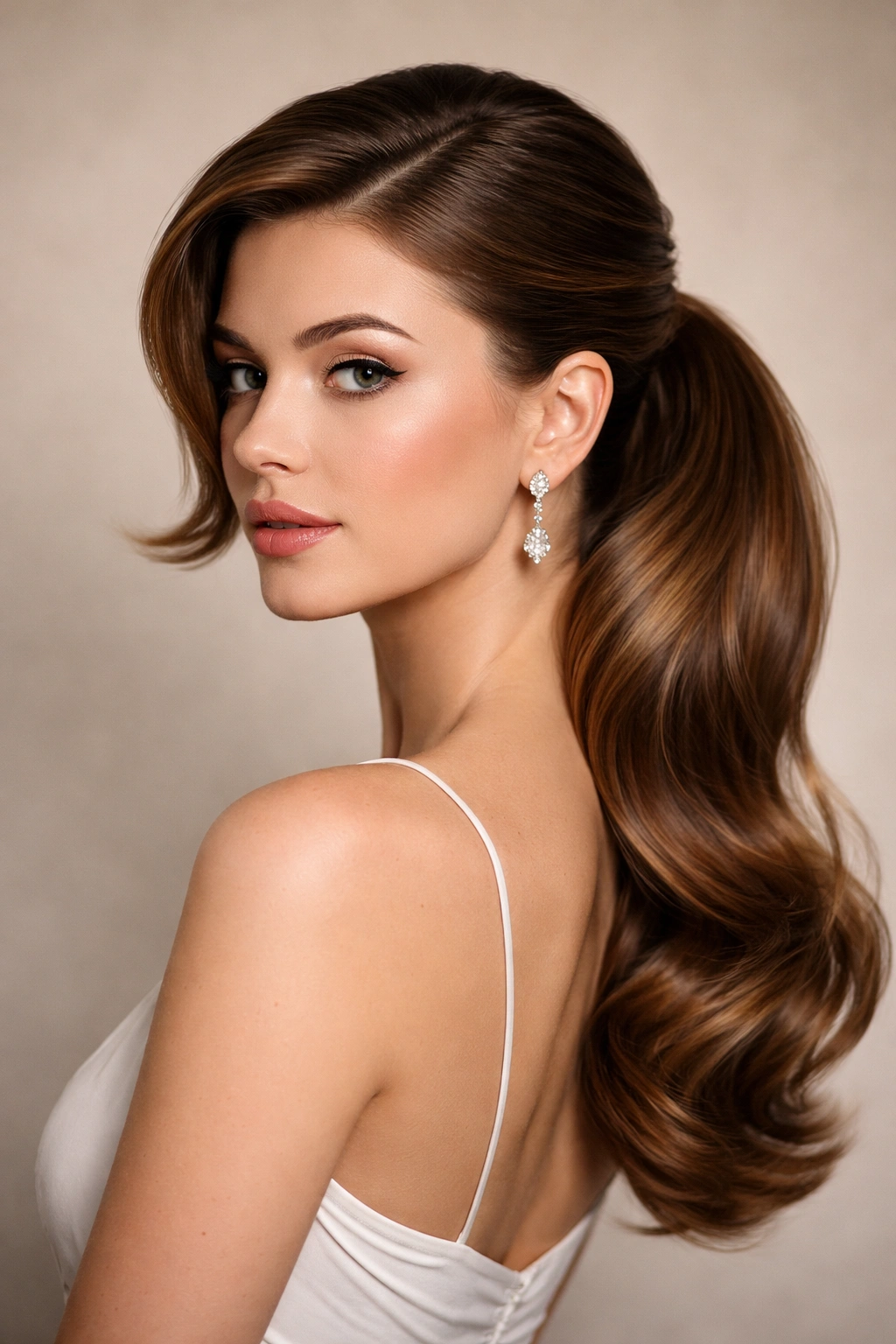 Side-swept vintage ponytail with deep side part and diagonal sweep.