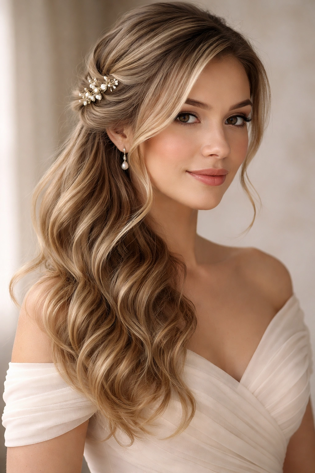 Side-swept half-up hairstyle with an asymmetrical wave and delicate pin