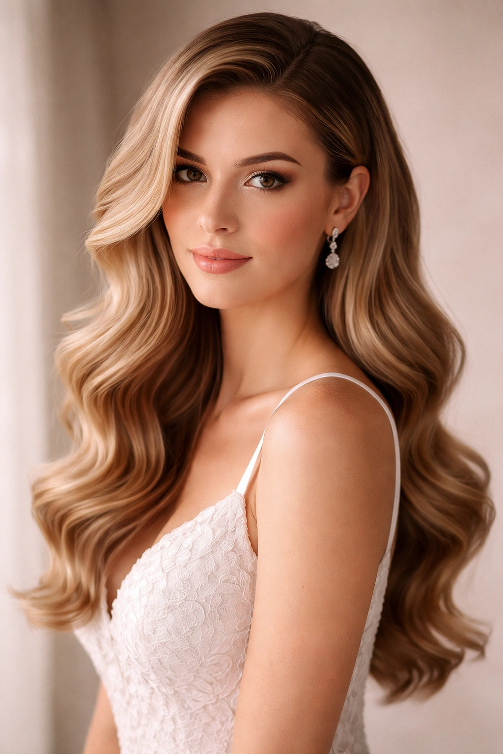 Deep side-parted romantic waves cascading over the shoulder