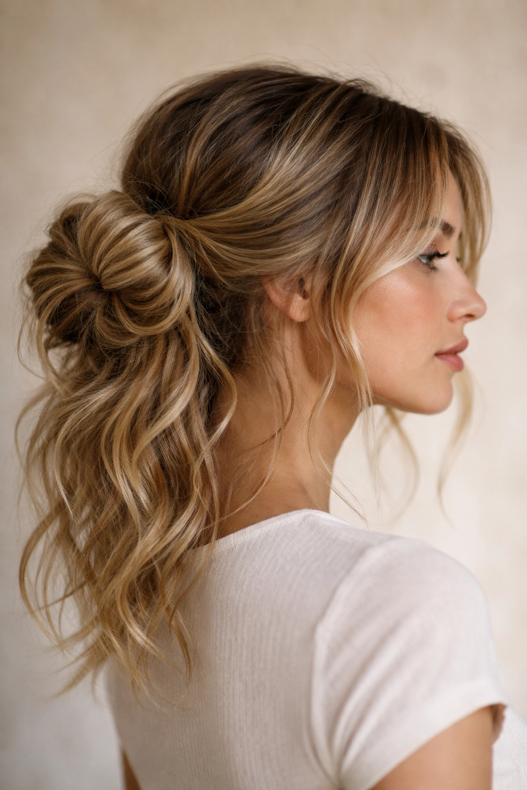 Off-center side bun with textured waves for bohemian lazy-day look