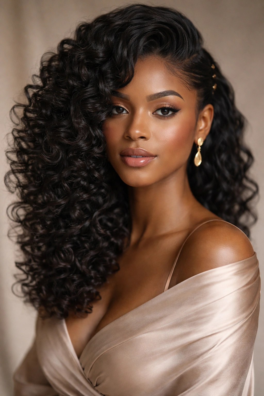Side-swept coiled waves cascading over shoulder in soft light