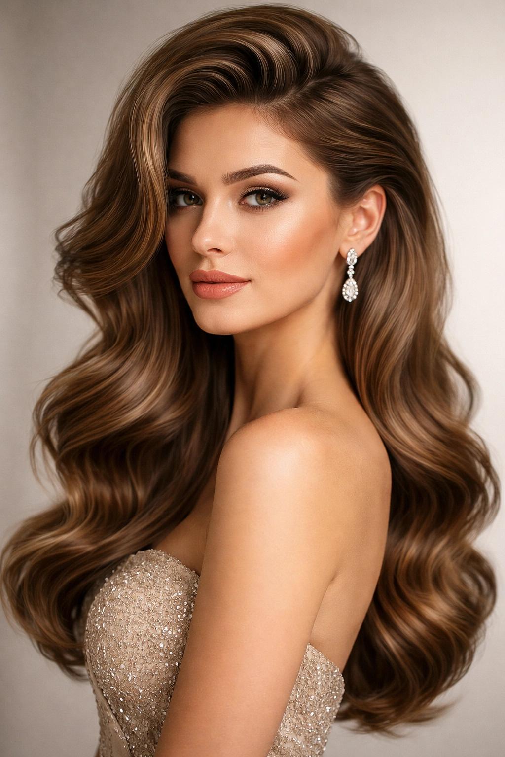 Side-swept waves with dramatic crown volume for a formal look.