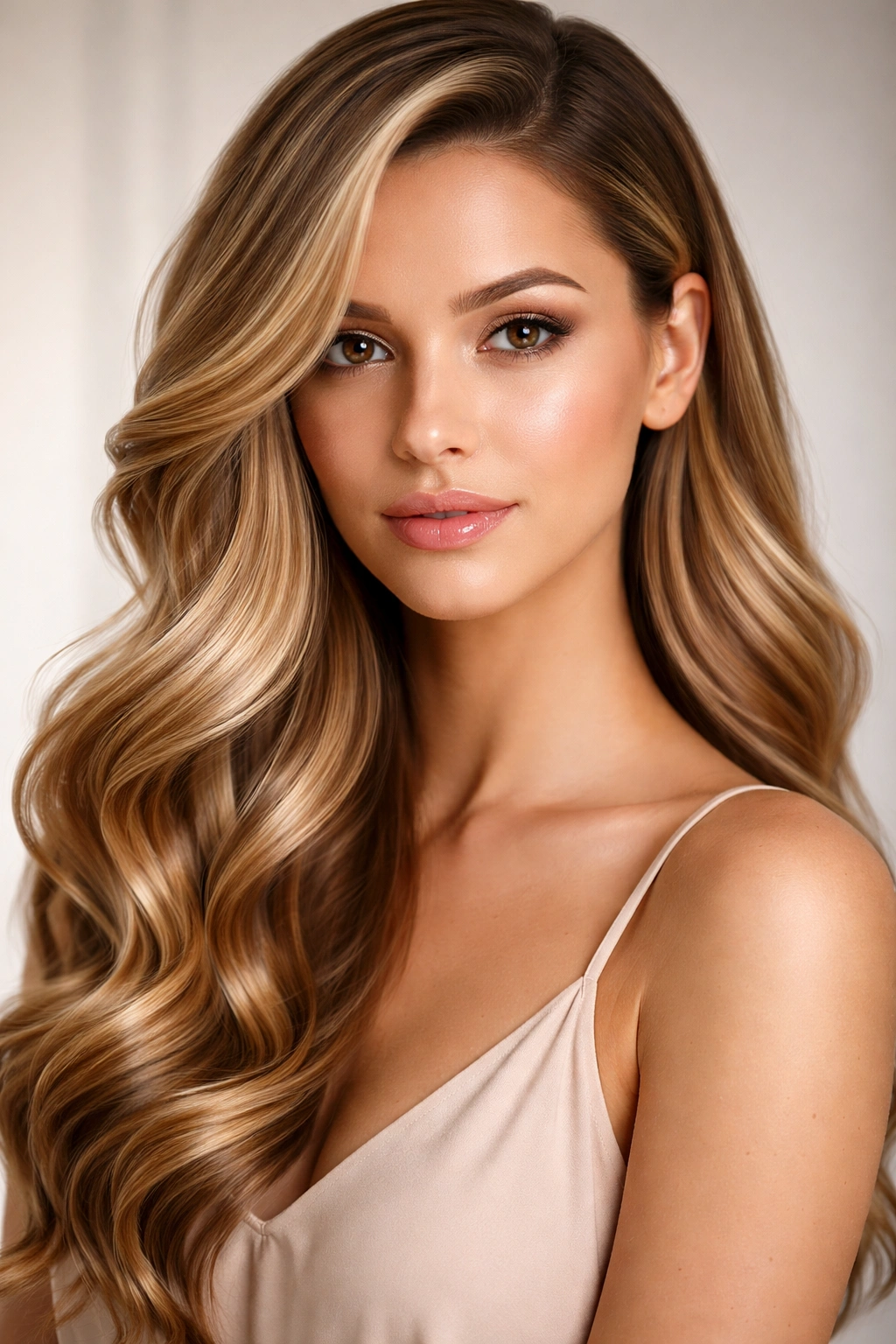 Head with deep side part and side-swept waves flowing to one side