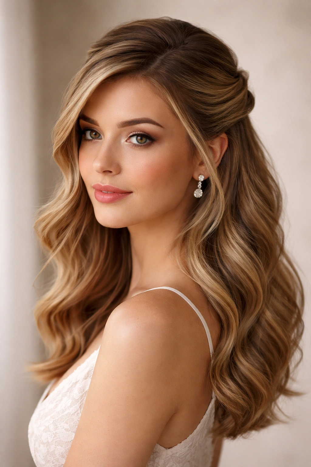 Side-Swept Waves Half-Up Twist hairstyle on a model in a neutral studio setting