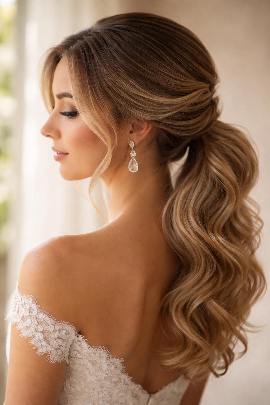 Close-up of side-swept waves with a low ponytail
