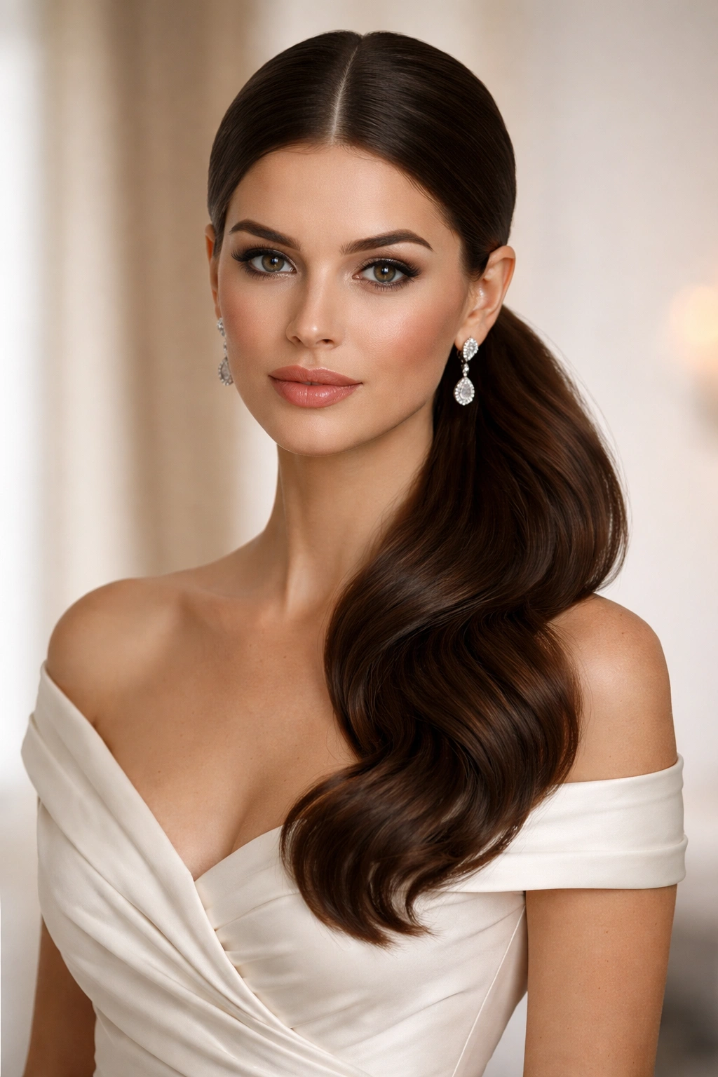 Portrait of sleek side-swept waves with a centered part and ponytail