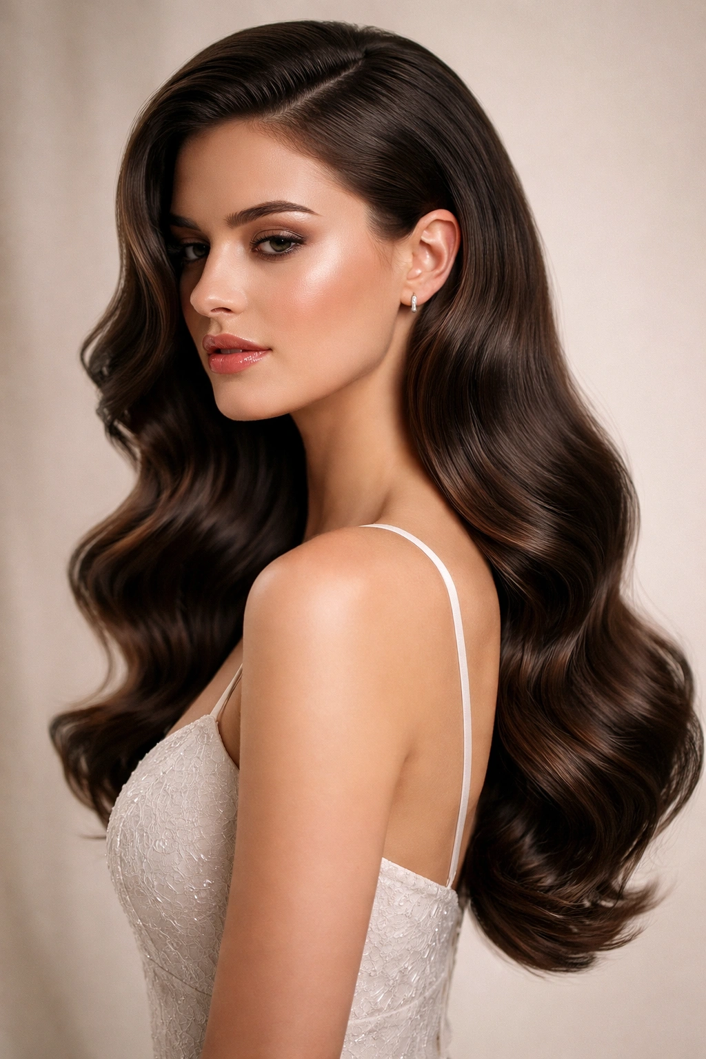 Sleek side-swept waves cascading over one shoulder for a glamorous prom look