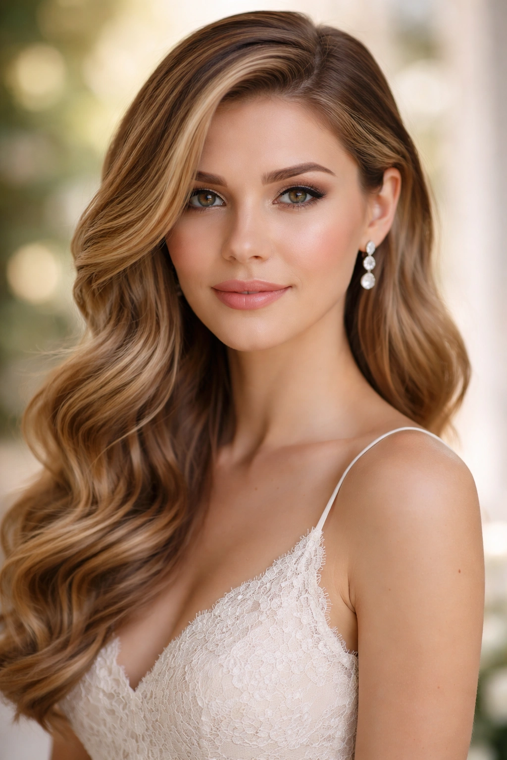 Hair swept to one side in soft waves for timeless romantic look