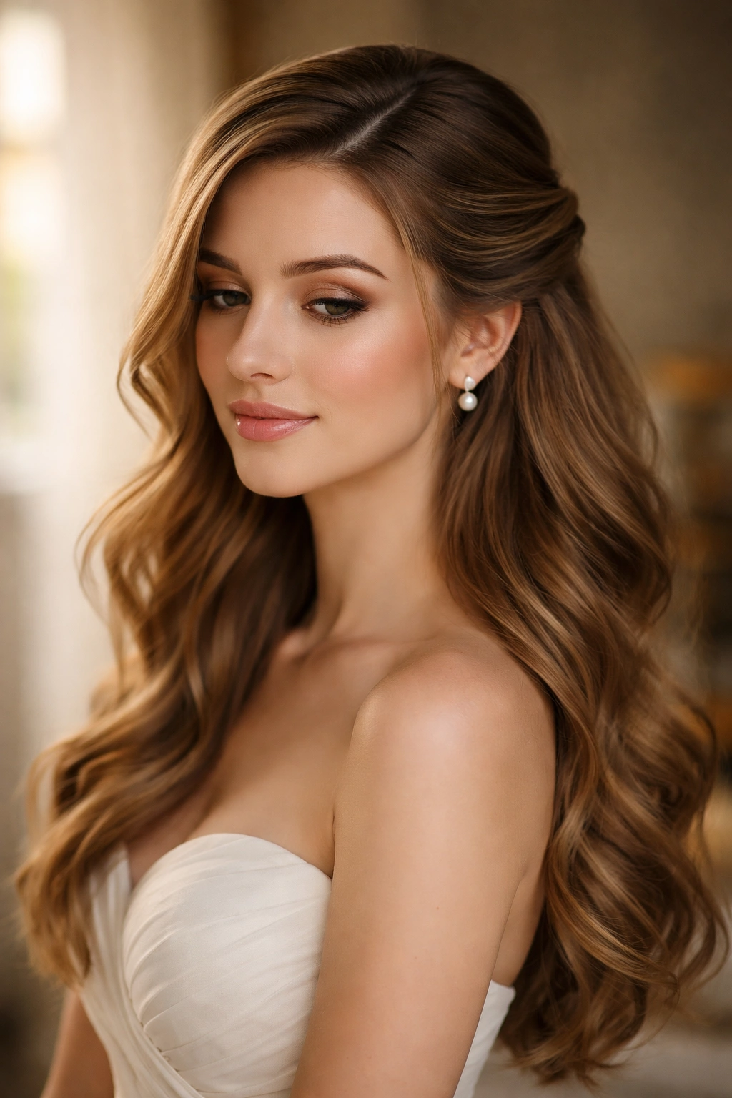 Deep side part with waves and side-tucked twist in half-up look