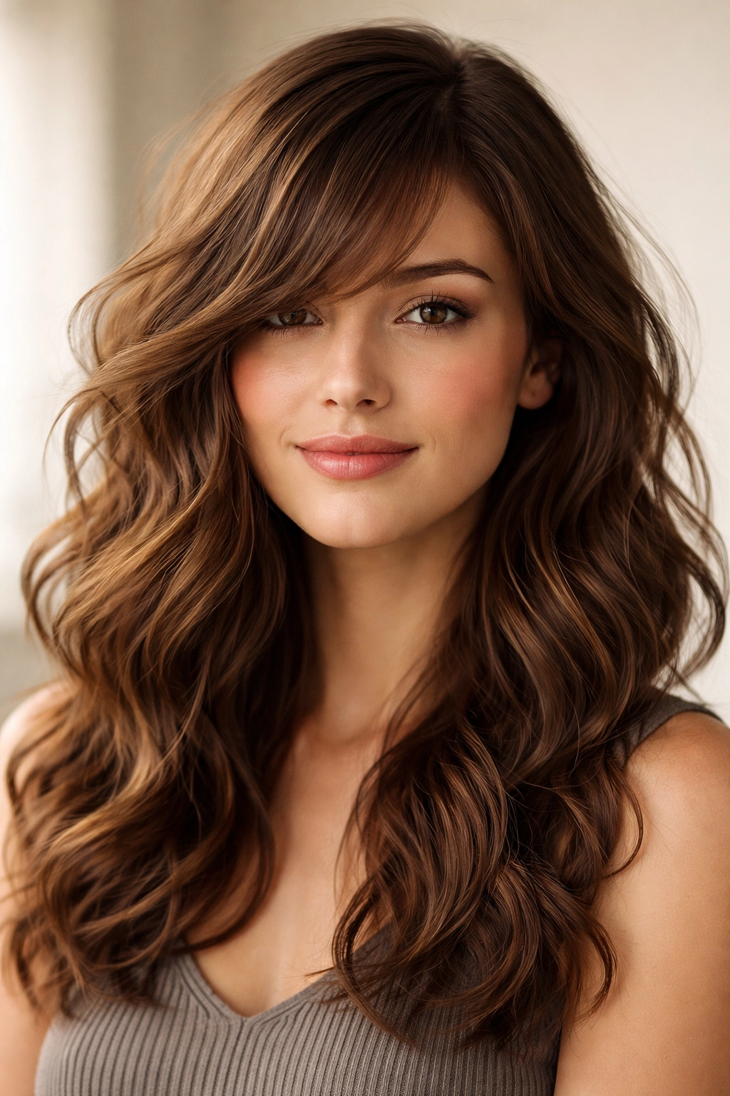Profile view of side-swept wispy bangs swept to the side