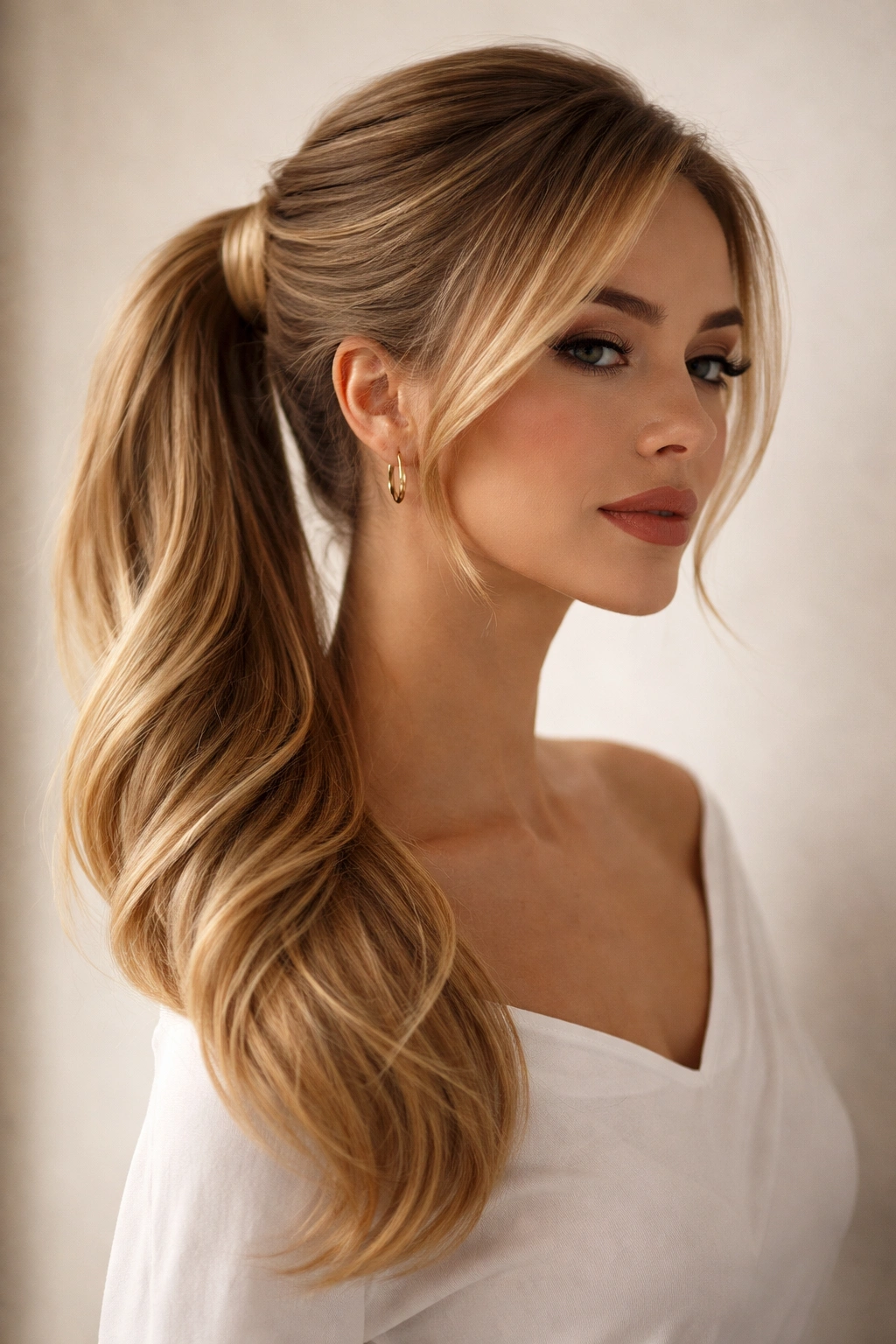 Off-center wrapped ponytail trailing over the shoulder