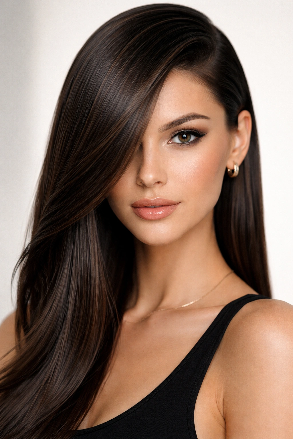 Deep side part with hair swept to one side in a bold side swoop