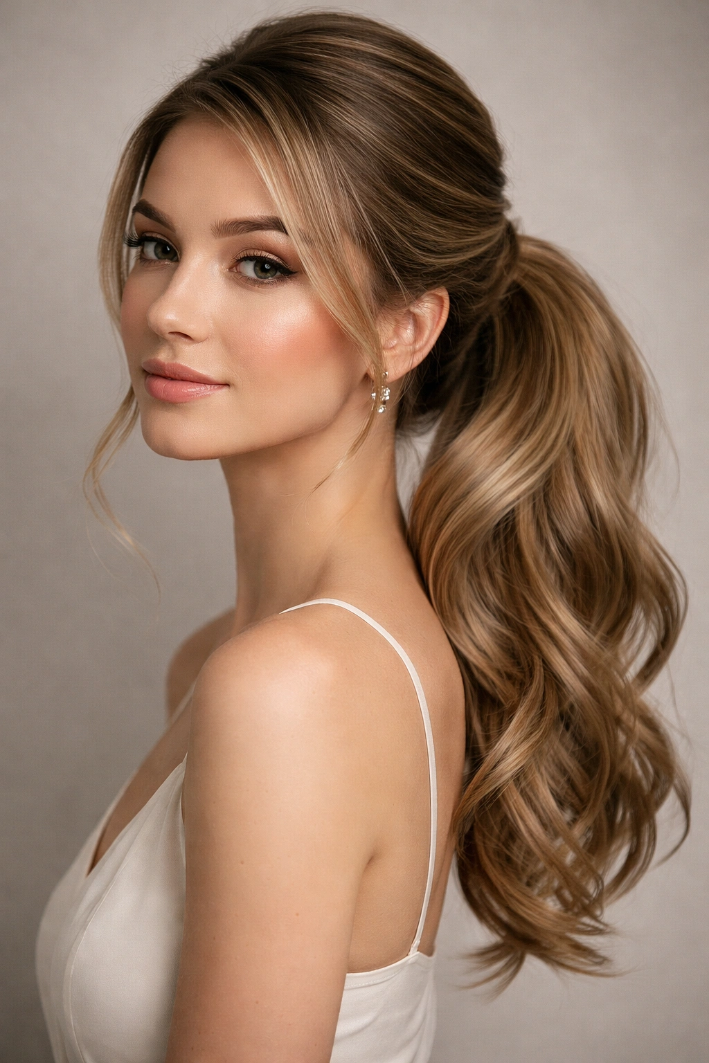 Close-up portrait of a person with a sleek side updo ponytail in studio lighting