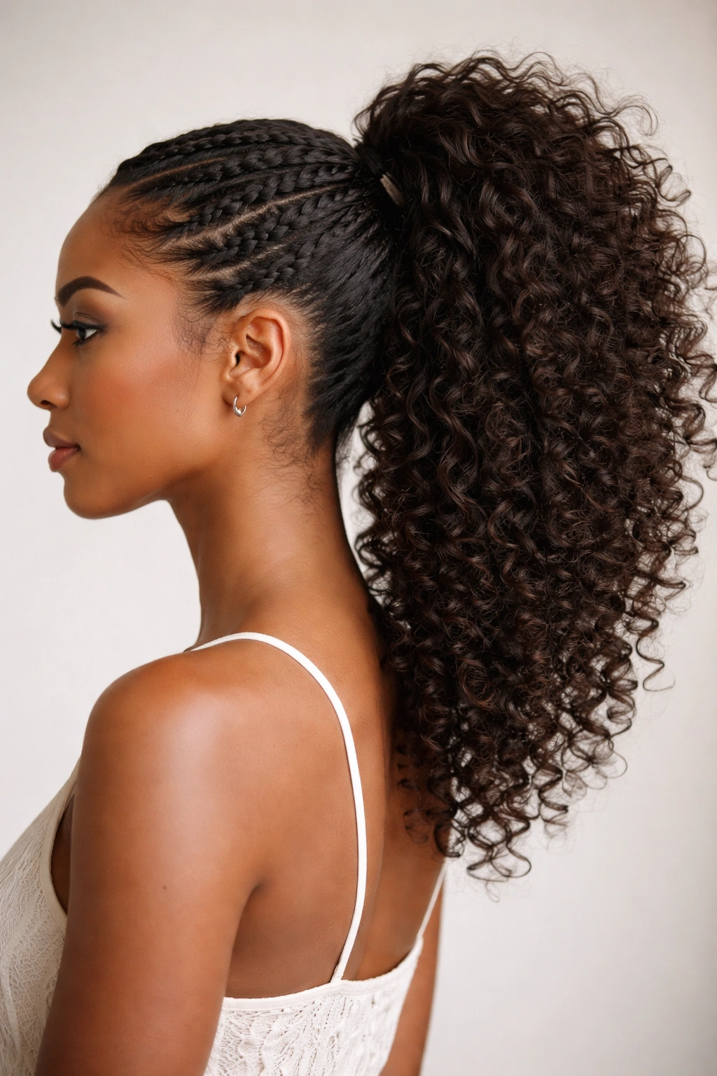 Profile view showing side weave feeding into an off-center high ponytail with voluminous curls.