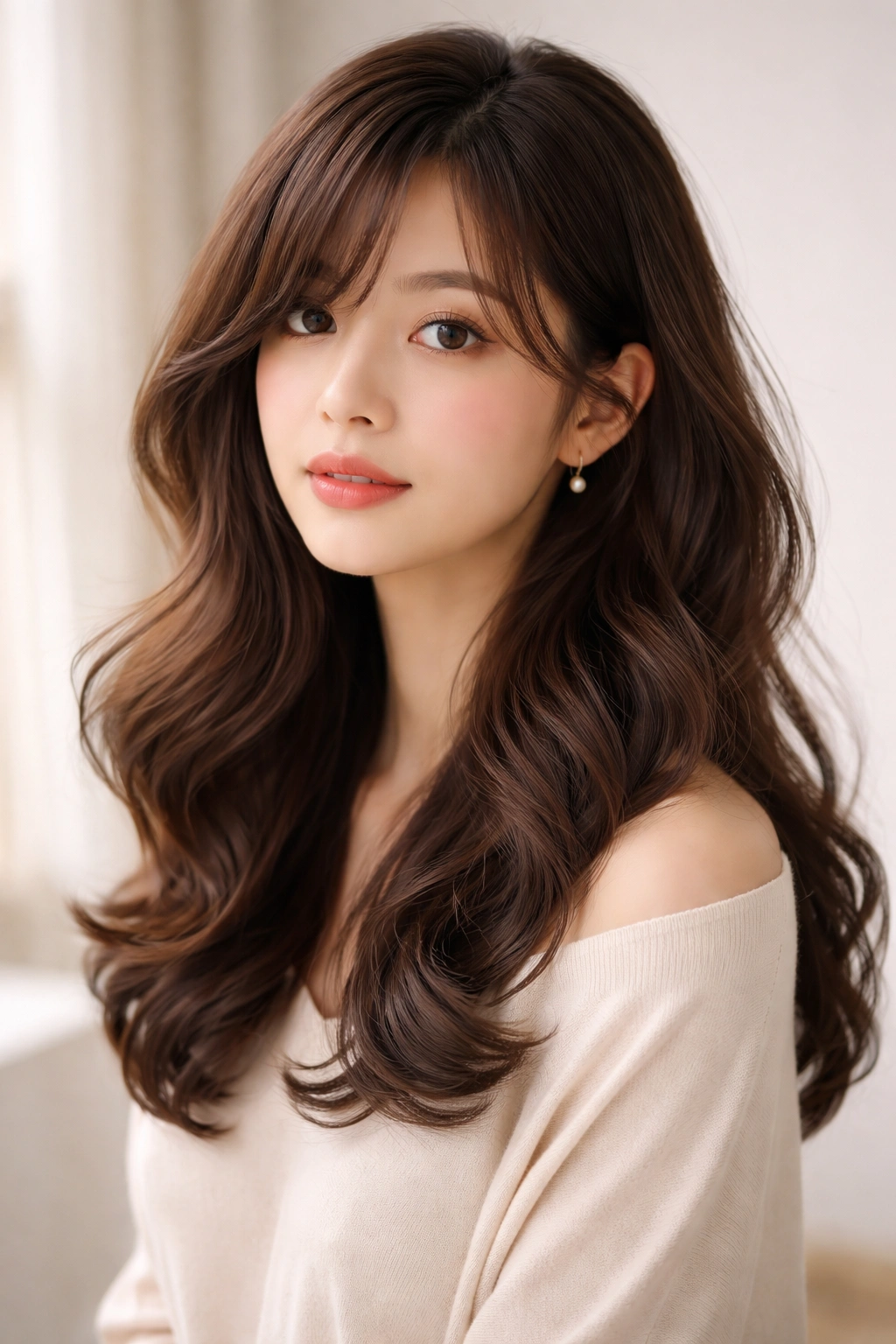 Portrait of a model with deep side part bangs and voluminous waves