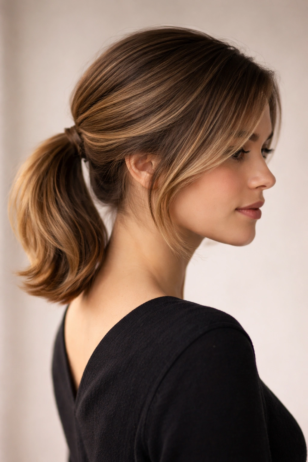 Side-view of bob with low, off-center half ponytail and sideswept look