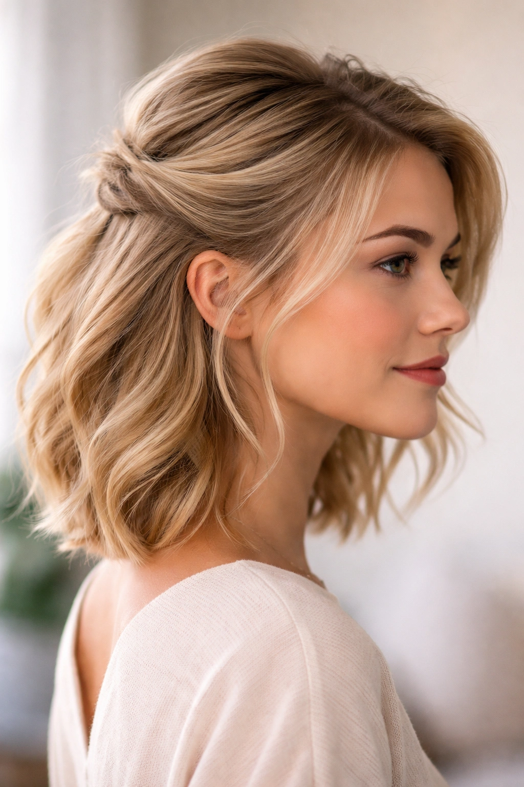 Side-view of a half-up hairstyle swept to one side with visible volume