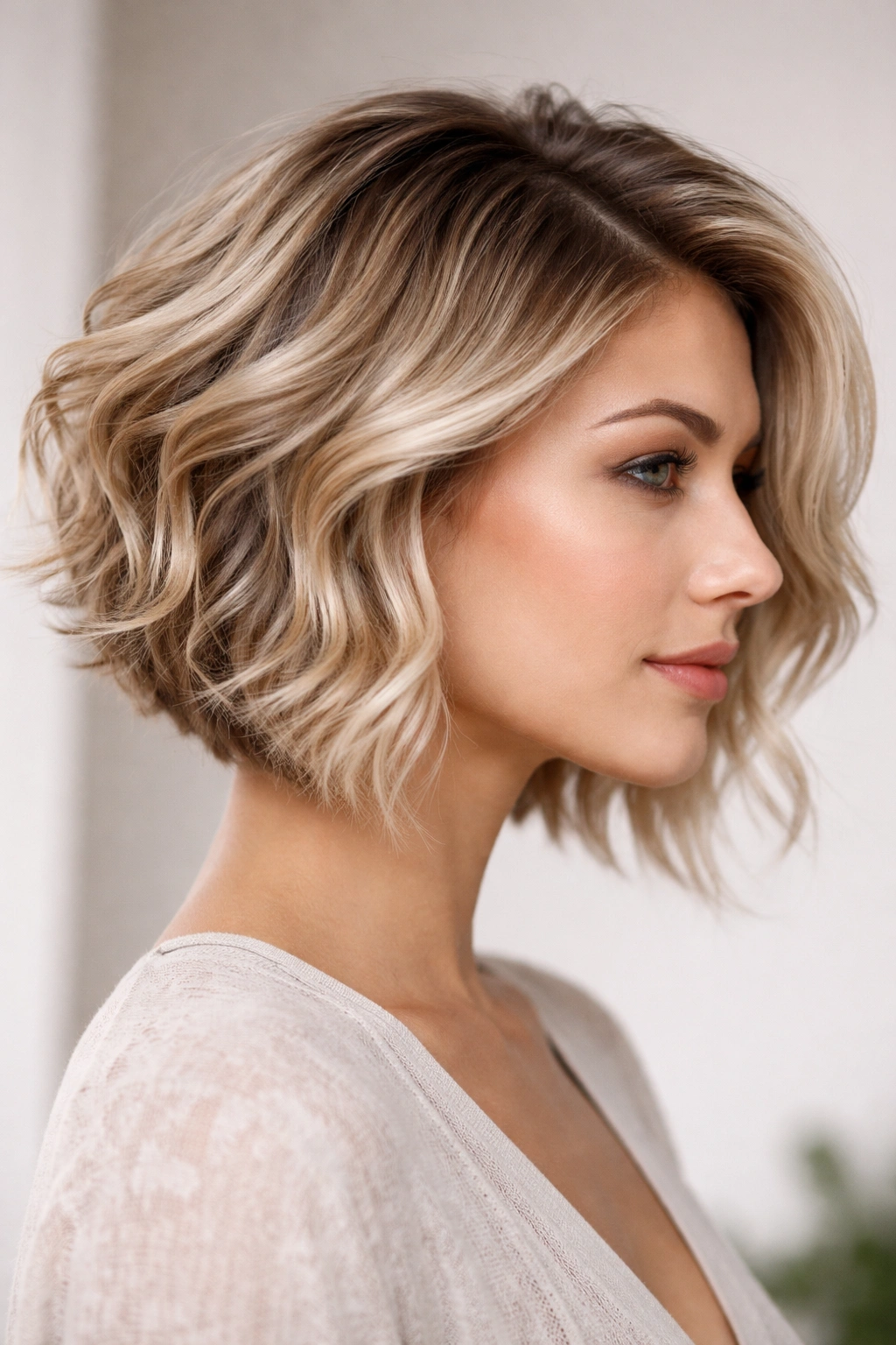 Side-profile of sideswept wave with dimensional blonde tones