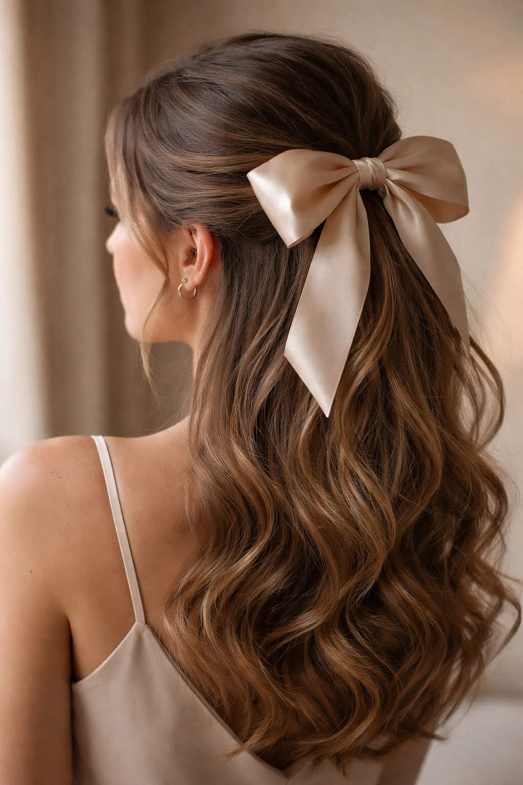 Half-up hairstyle with a large silk bow at the crown