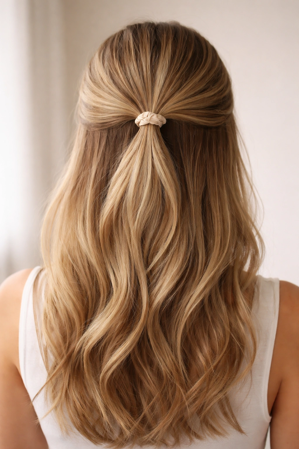 Minimalist half-up hairstyle secured with a silk elastic, seamless line