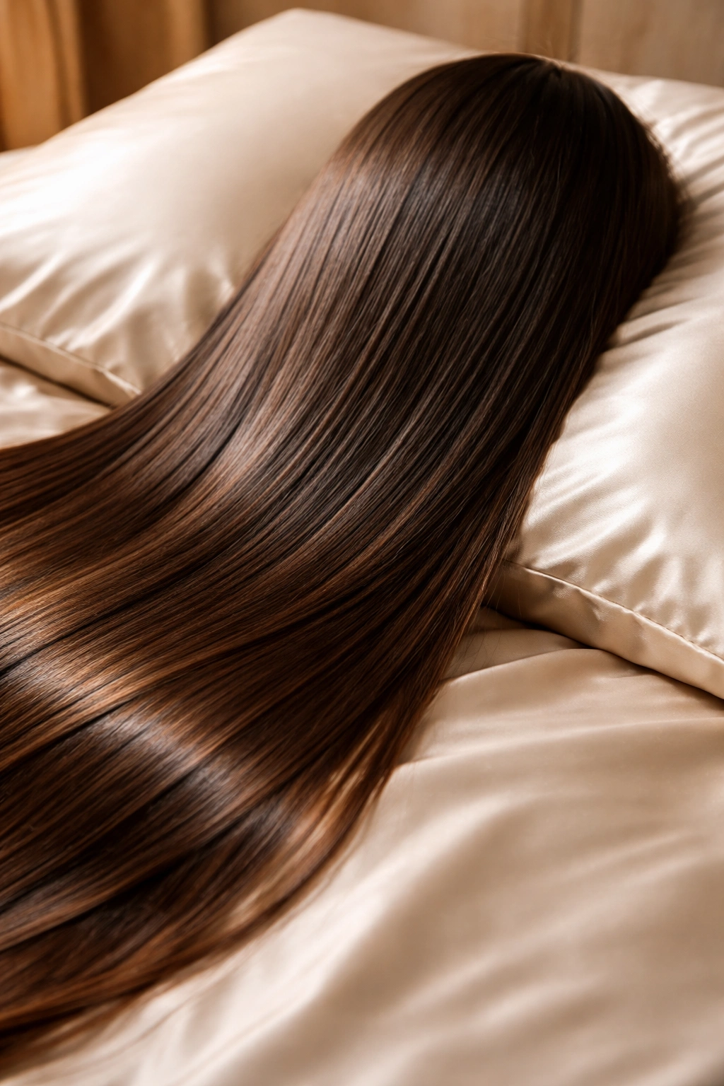 Pristine straight hair with silk pillowcase shine, close-up on glossy ends