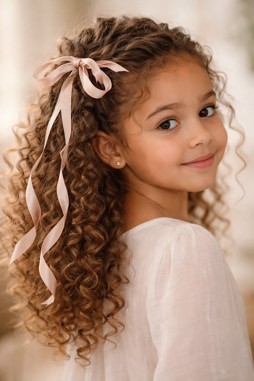 Close-up of a child’s curly half-up hairstyle with a silk ribbon woven through.