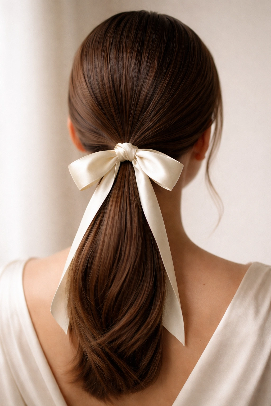Back view of a sleek low ponytail with a silk ribbon bow at the nape