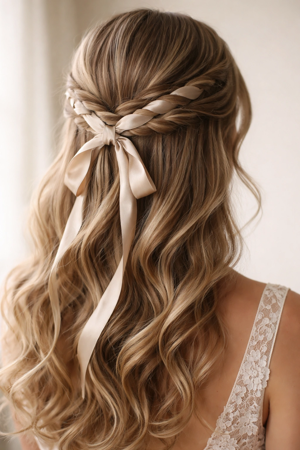 Silk ribbon woven through a twisted half-up hairstyle