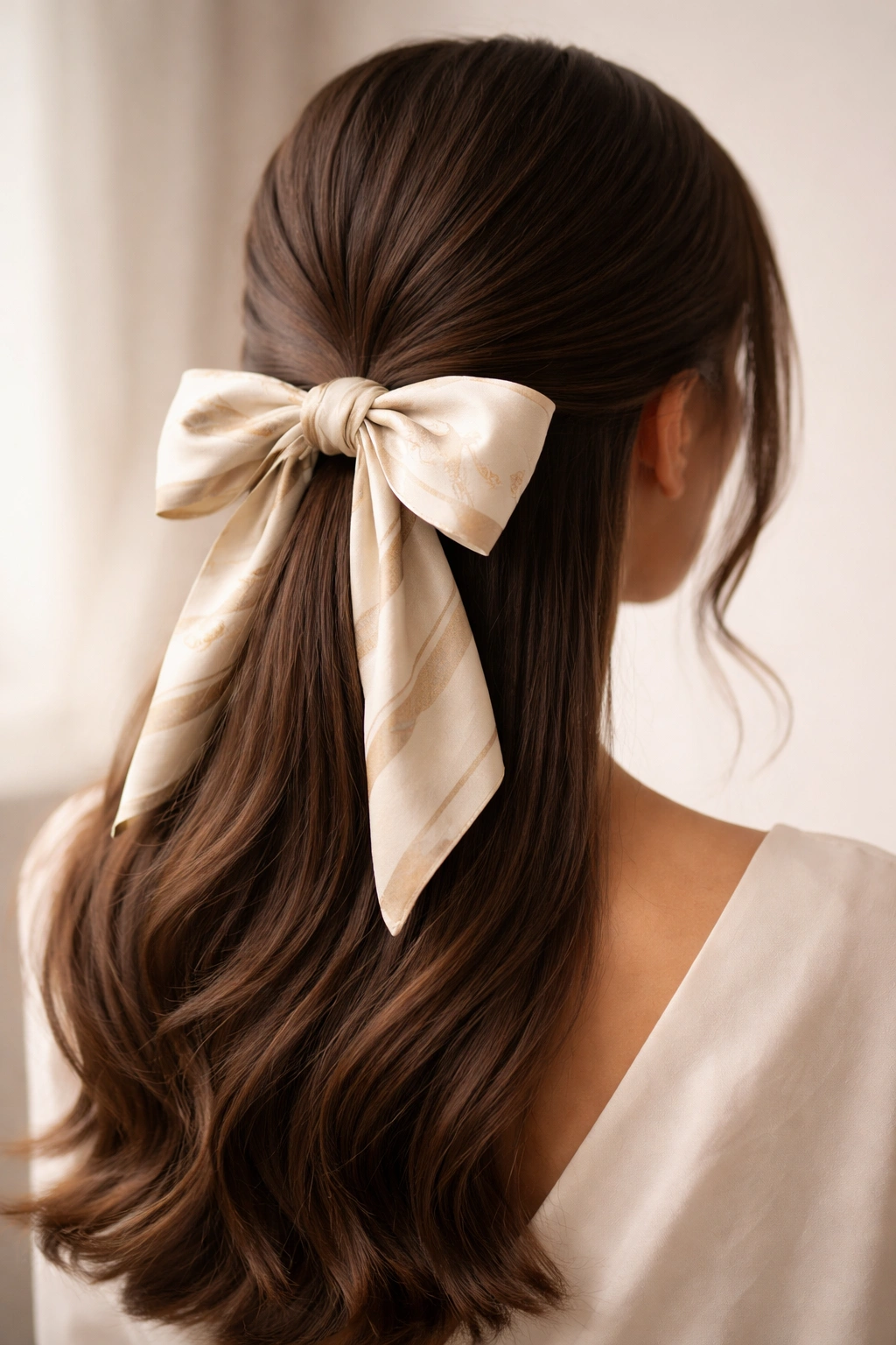 Close-up of The Sleek Low Half-Up with Silk Scarf Bow showing a bow around the elastic at the nape